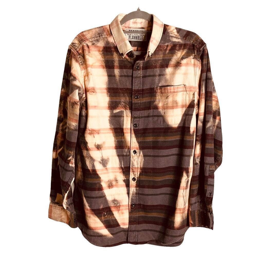 Franklin Flannels Shirt Men's Size M Plaid Bleached Upcycled Coral Gray Plaid